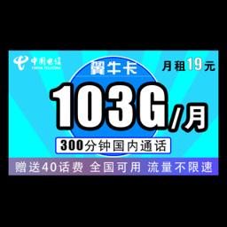中国电信 翼牛卡 19元/月（73G通用+30G定向+300分钟） 