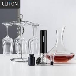 CLITON 玻璃红酒杯高脚杯12件酒具套装 家用6葡萄酒杯+醒酒器+电动开瓶器+红酒瓶塞+倒酒器+酒杯架CL-TZ12 F款