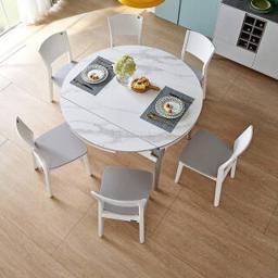 全友（QuanU） 家居 餐桌椅 现代简约实木框架餐桌椅 可伸缩折叠岩板/钢化玻璃餐桌DW1028A 气质灰 餐桌1.3米+餐椅*6