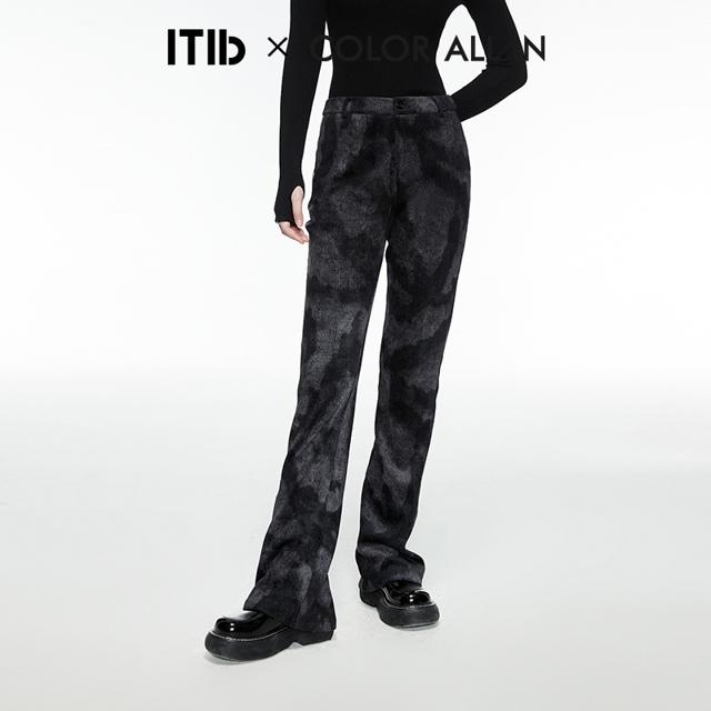 ITIB ×COLOR ALL IN设计师 修身显瘦微喇印花丝绒休闲裤女 