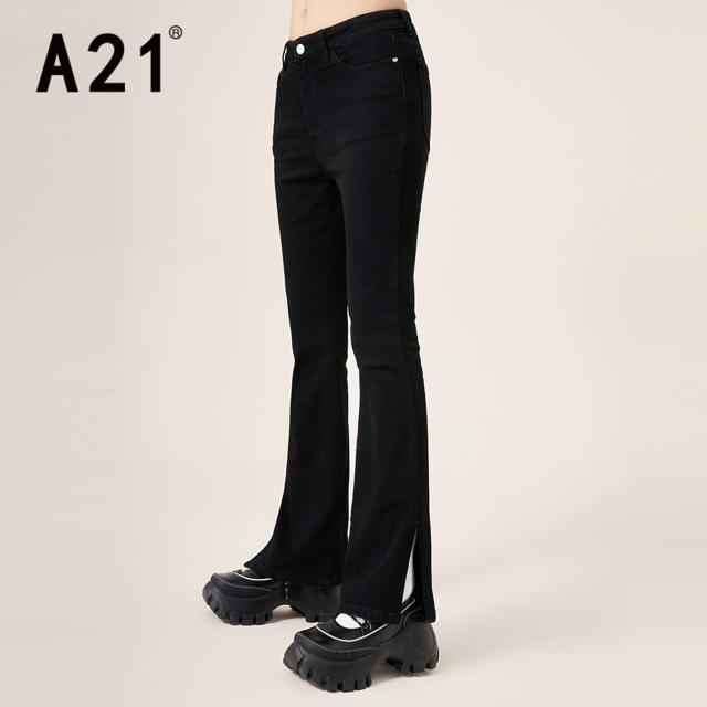 A21 女装牛仔弹力合体高腰喇叭长裤 黑色 27 