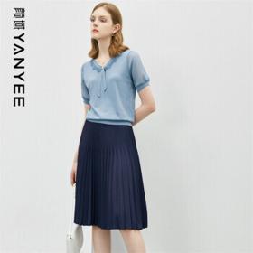 YANYEE 颜域 薄款V领上衣女夏2022年简约气质显瘦优雅时尚短袖针织衫 蓝色 XL/42