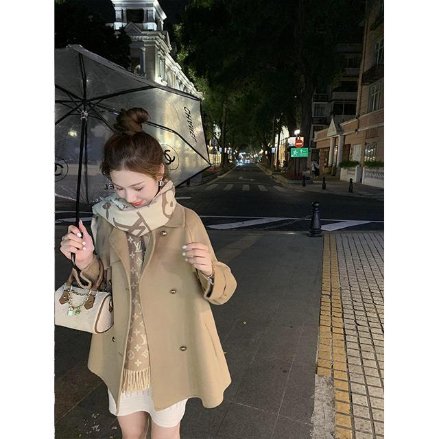 鱼兔子双面羊绒大衣女2021年新款粉色毛呢大衣中长款双面呢外套