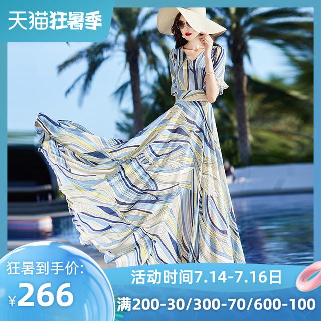 雪纺长裙2021夏季新印花荷叶袖法式雪纺短袖收腰显瘦气质大摆长裙 