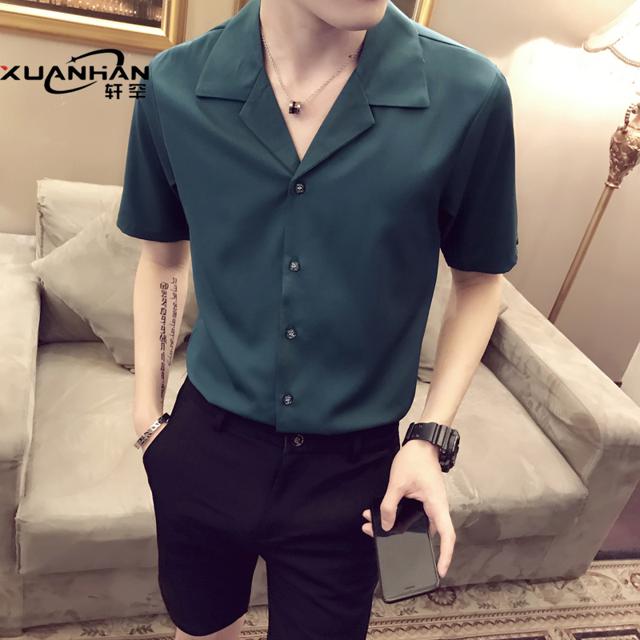 网红很仙的短袖男衬衫发型师韩版潮流薄款夏寸衫潮男痞帅半袖衬衣 