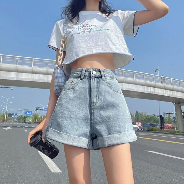 维士比 超高腰牛仔短裤女夏a字阔腿裤小个子宽松直筒裤网红显瘦热裤子ins