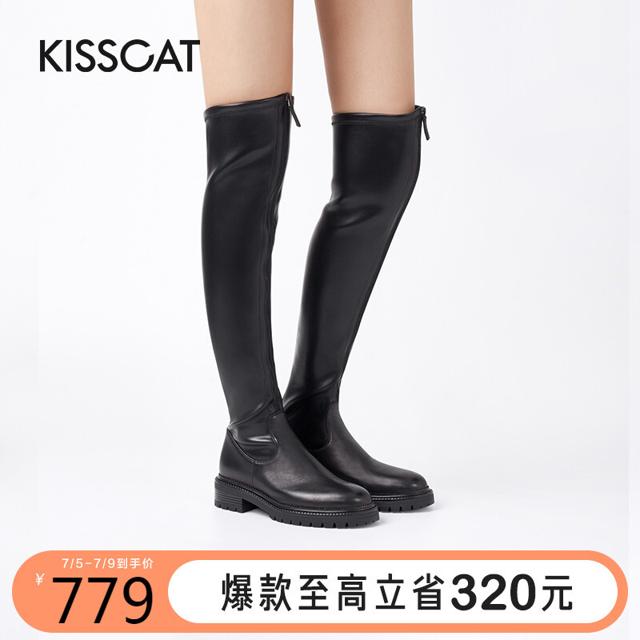 KISSCAT 接吻猫 2020年冬季新款潮酷简约时装靴弹力简约厚底时尚过膝靴女 