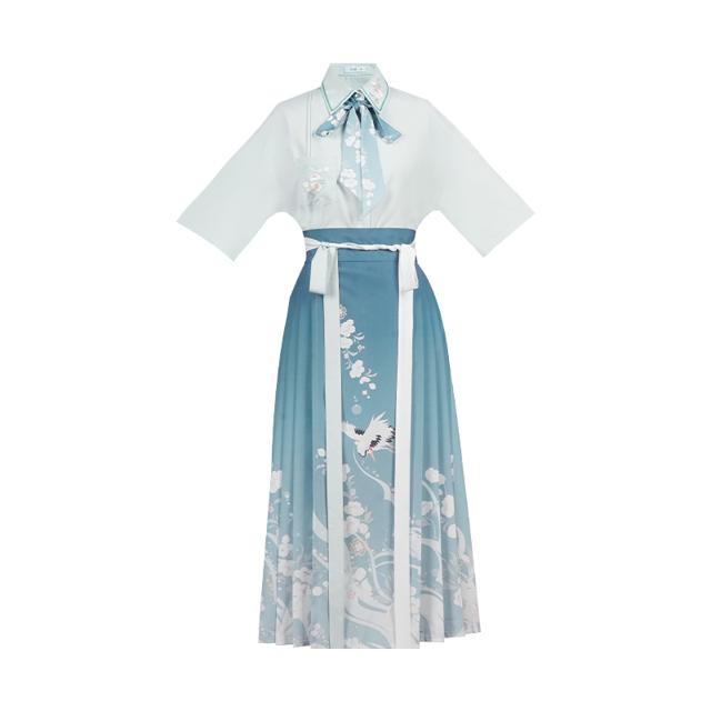 ￥168包邮 池夏 南风有信:梨月 汉元素 改良明制衬衫八分马面汉服 S1896 蓝白
