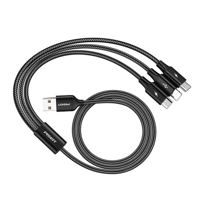 PISEN 品胜 数据线三合一充电线器手机X快充一拖三安卓type-c三头万能通用车载多功能多头适用苹果华为小米加长5a冲 