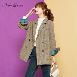 Halo Queen 2021年秋季女装韩版休闲chic格子西装外套女宽松复古英伦风小西服女上衣 