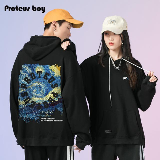 旗舰店 潮牌星空油画印花加绒连帽卫衣