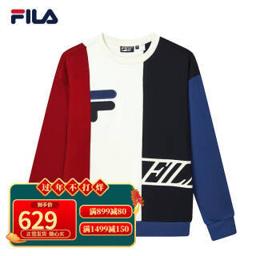 FILA 斐乐 官方男子套头卫衣2021年秋季男装运动休闲撞色纯棉圆领套头衫内搭上衣 雾莲白-IV 170/92A/M 