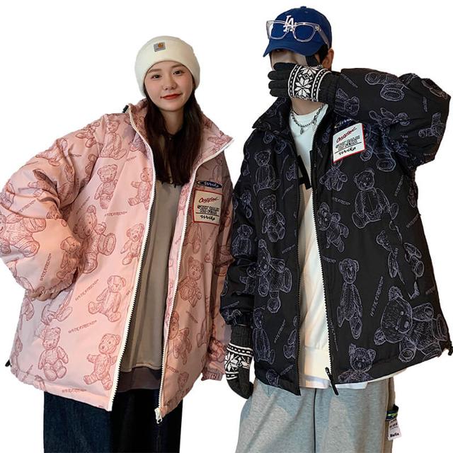 NASA 情侣款小熊涂鸦白鸭绒羽绒服