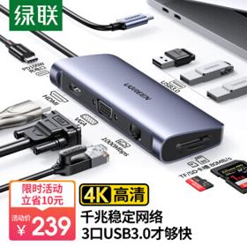 UGREEN 绿联 CM179 Type-C扩展坞 九合一 深空灰