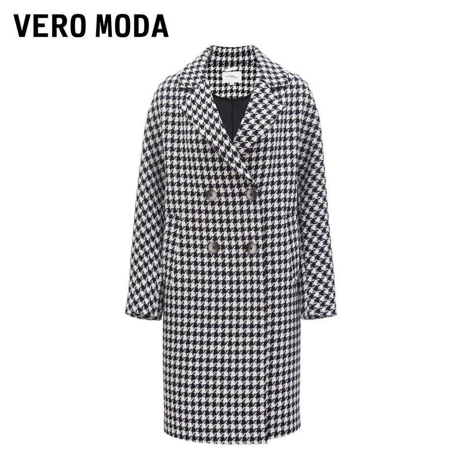 VERO MODA VeroModa毛呢大衣2022季新款复古双排扣千鸟格纹外套女|322127003