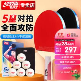DHS 红双喜 五星级乒乓球拍横直拍套装T5（附拍包乒乓球）