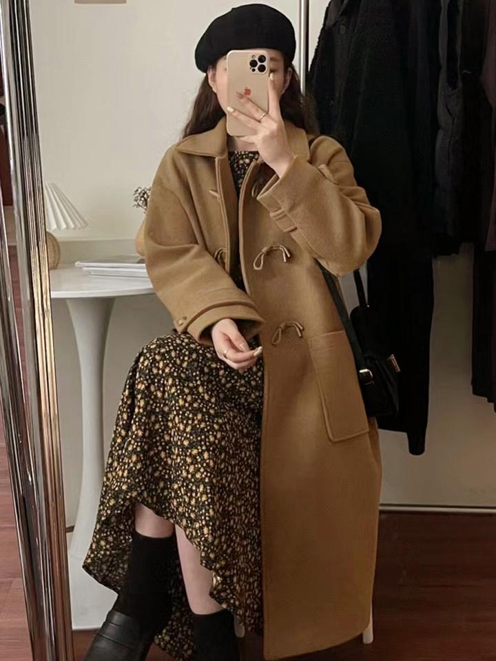 莉诗诗 赫本风毛呢外套女牛角扣大衣