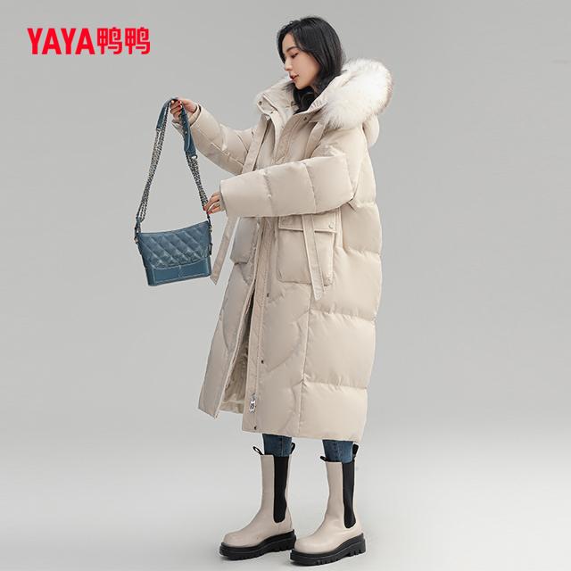 YAYA 鸭鸭羽绒服 女款2022年新品长款加厚连帽时尚休闲鸭绒保暖外套W
