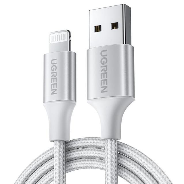 绿联（UGREEN） MFi认证 USB-A转Lightning 2.4A 数据线 TPE 尼龙编织网 1.0m 极光银