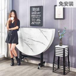 天妆折叠餐桌移动餐桌多功能小户型吃饭桌子圆形创意客厅桌子8人101220大圆桌酒店家用 1米白理石色桌子 