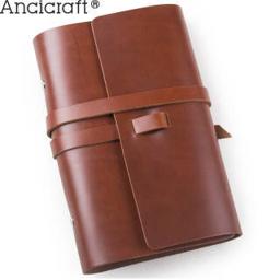 Ancicraft 复古真皮活页记事本牛皮笔记本头层牛皮手工日记本旅行本绑带款 礼品文具 A6红棕色油皮空白内芯