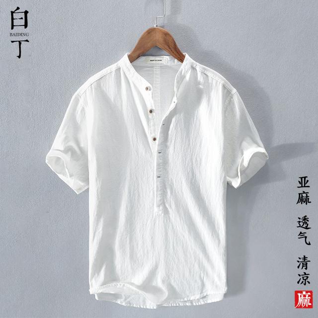 夏季薄立领日系复古亚麻短袖t恤男宽松棉麻半袖体恤polo衬衫白色