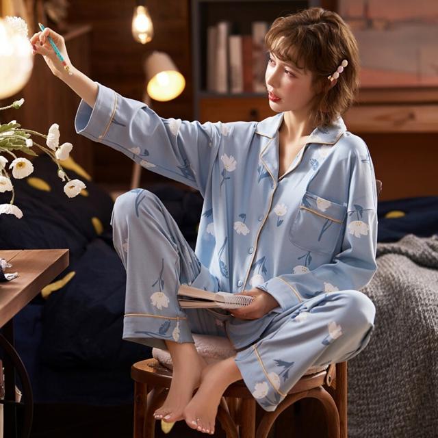 爱宝适 月子服春夏纯棉孕妇睡衣竖开口哺乳睡衣产妇喂奶衣亲肤透气孕妇装家居服套装孕妇礼物M321 蓝色L 