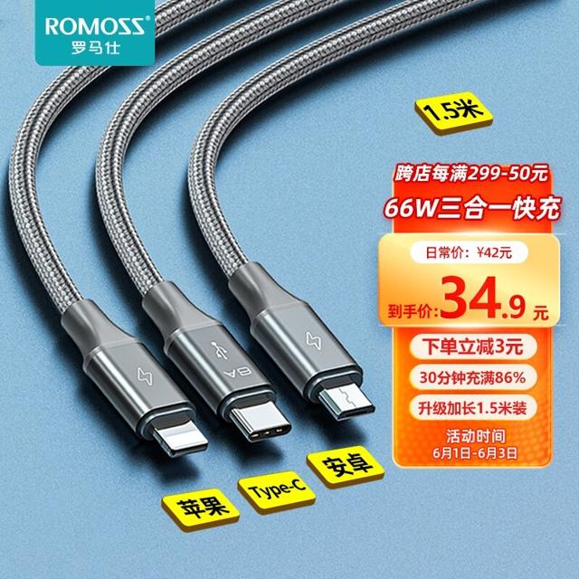 ROMOSS 罗马仕 CB253N Type-C/Lightning/Micro-B 66W 数据线 尼龙编织 1.5m 太空灰
