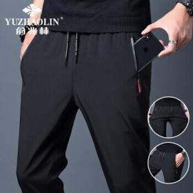 YUZHAOLIN 俞兆林 休闲裤男春秋季裤子男士直筒潮流男裤宽松运动商务男装时尚弹力长裤 黑色 XL