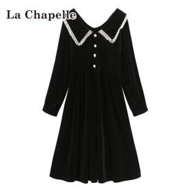 La Chapelle 赫本风V领小黑裙子2022秋季新款大翻领修身收腰黑色连衣裙女 黑色 M