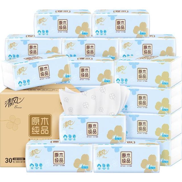 Breeze 清风 幸运草压花纸巾抽纸3层100抽30包S码餐巾面巾家用整箱实惠装