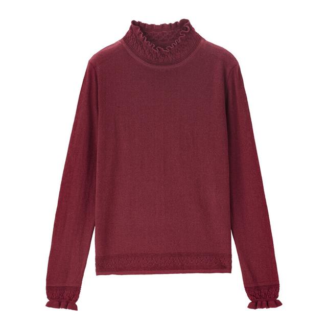 GIORDANO 佐丹奴 针织衫女新款荷叶边暗纹半高领内搭套头针织上衣女90352904