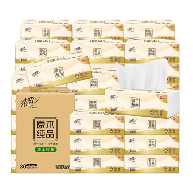 单包0.7 清风抽纸原木纯品3层100抽30包