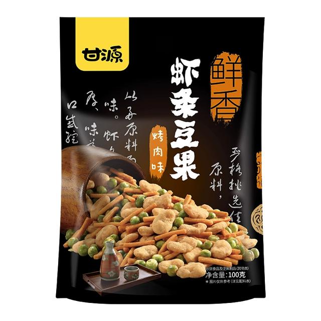 拍5 甘源烤肉味虾条豆果100gx5袋