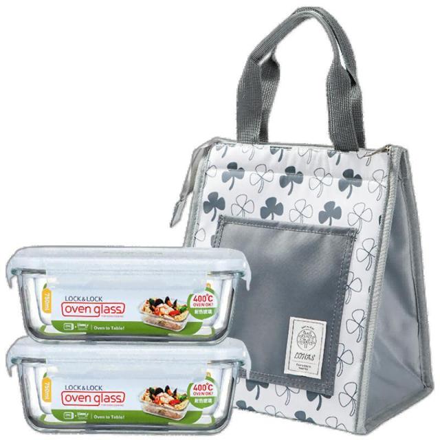 LOCK&LOCK 玻璃饭盒保温袋带饭750ml*2+保温包微波炉加热保鲜盒