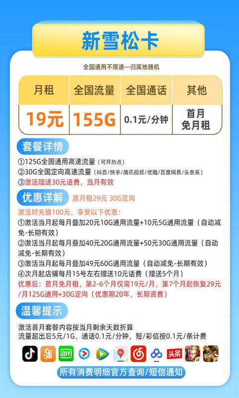 CHINA TELECOM 中国电信 长期雪松卡 19元月租（125GB通用流量+30GB定向流量） 可选号码