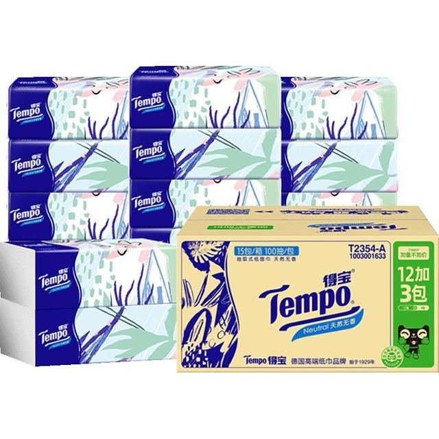 Tempo 得宝 软抽马卡龙无香餐巾纸箱装100抽*15包新旧交替