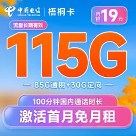 中国电信 梧桐卡 19元月租（115G全国流量+100分钟）流量长期 激活赠送30元
