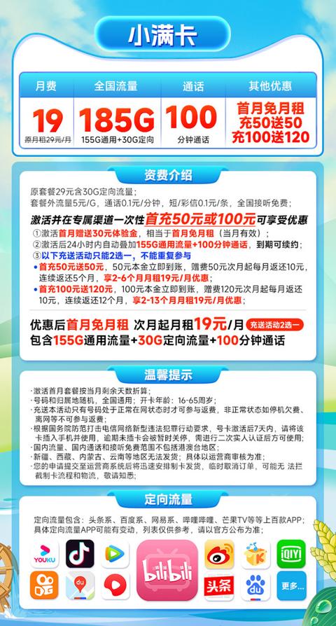 CHINA TELECOM 中国电信 长期小满卡 19元月租（185G全国流量+100分钟通话）激活送30