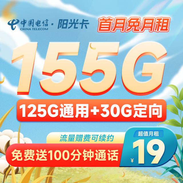 中国电信 长期阳光卡 19元月租 （155G全国流量+100分钟通话）长期有效