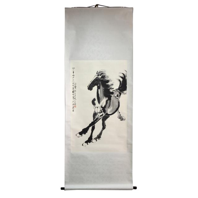 荣宝斋 木版水印国画客厅壁画徐悲鸿大小墨马奔马图挂轴 78×200cm