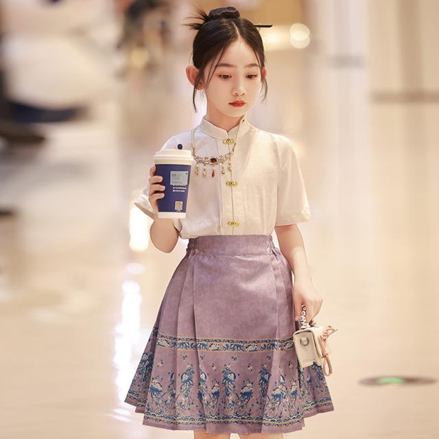 国风马面裙女童夏天女套装儿童汉服半身短袖古风日常夏季高端2023