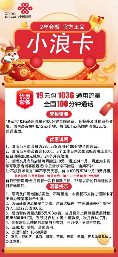 China unicom 中国联通 小浪卡 两年19月租 103G全国通用流量＋100分钟通话