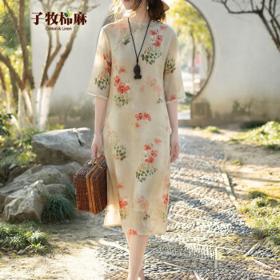 PLUS会员：子牧棉麻 女士复古印花连衣裙 Z23XH002633